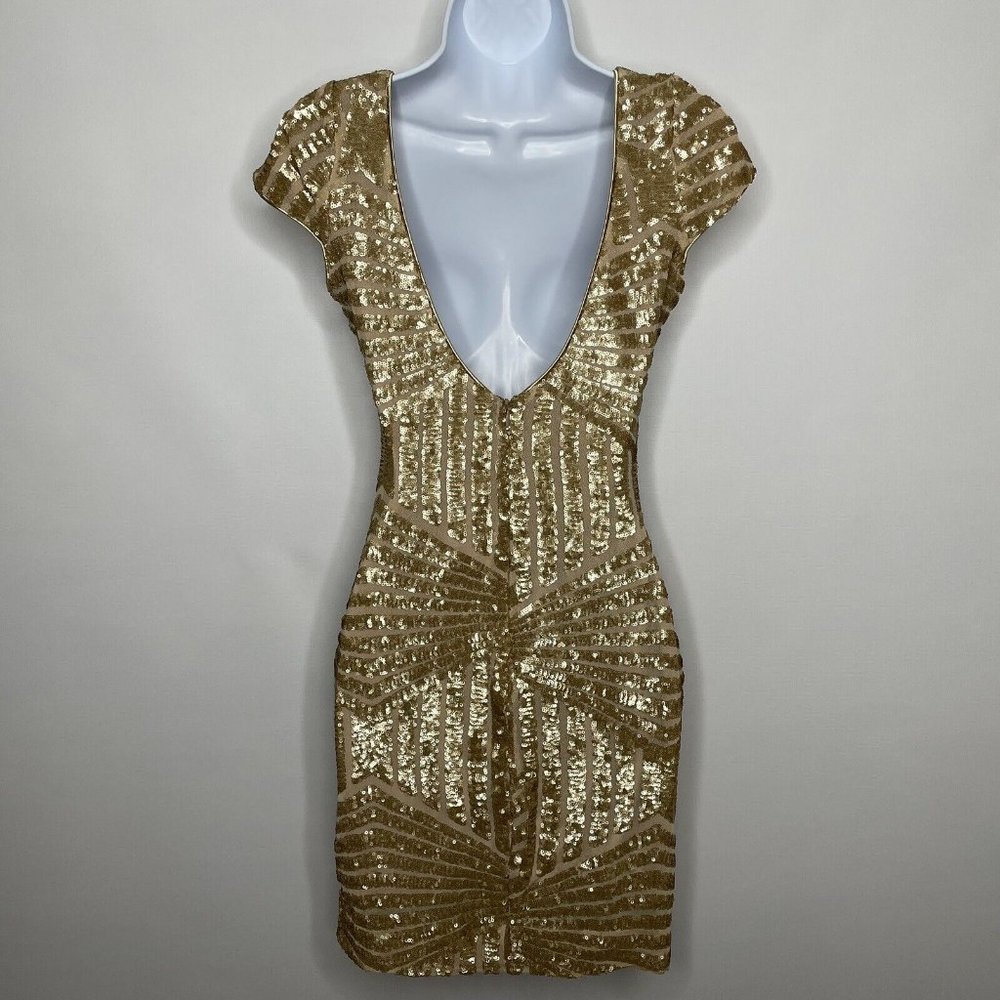 Dress The Population Tabitha Gold Sequin Mesh Art Deco Mini Dress - Picture 5 of 8